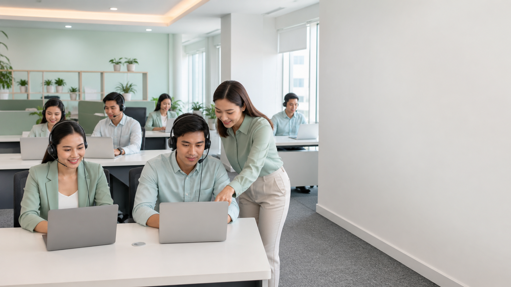 A customer service team using Windows laptop workstations
