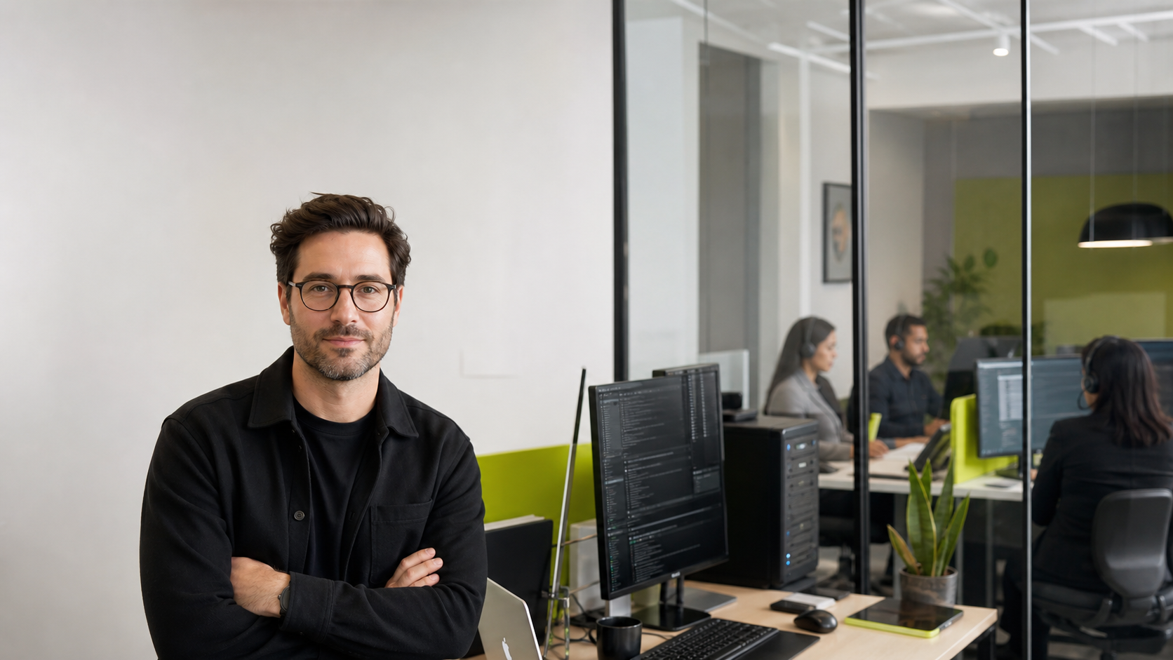 A business owner with a customer support team working in the background