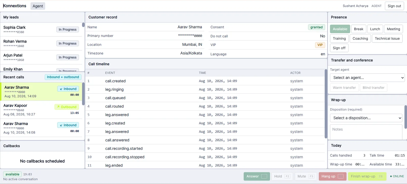 Konnextions Agent workspace with customer record, call timeline, leads and call controls