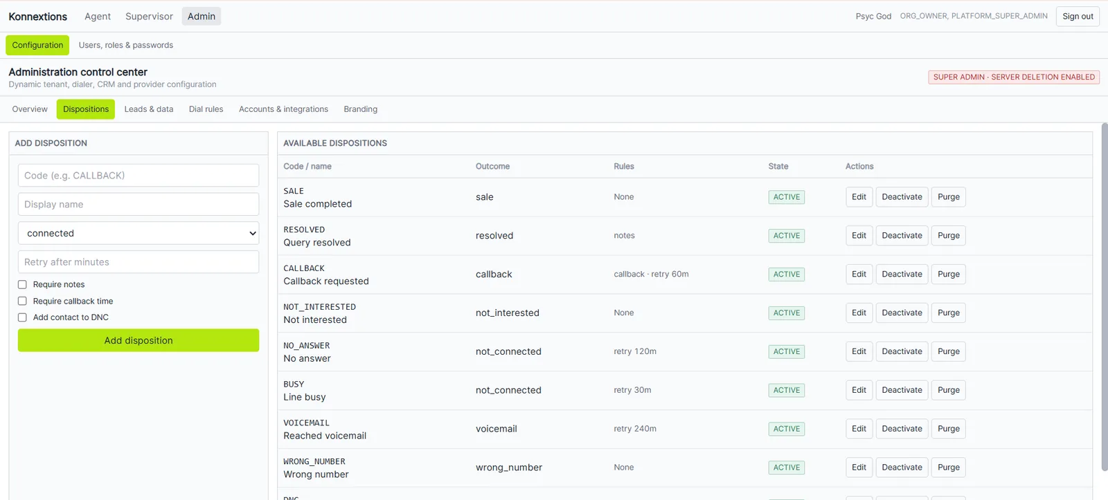 Konnextions Admin disposition configuration with dynamic rules and actions
