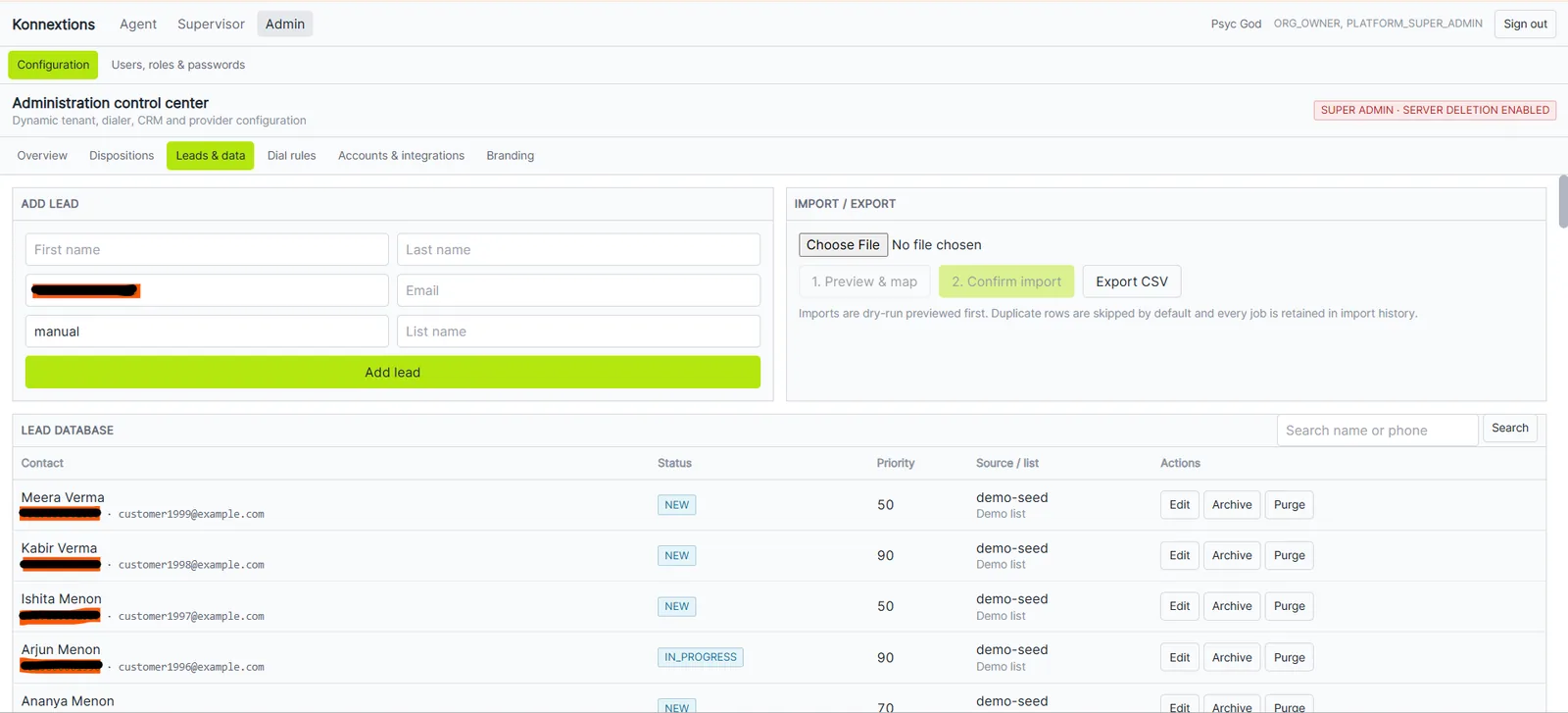 Konnextions Leads and Data administration screen with lead creation, import, export and database controls