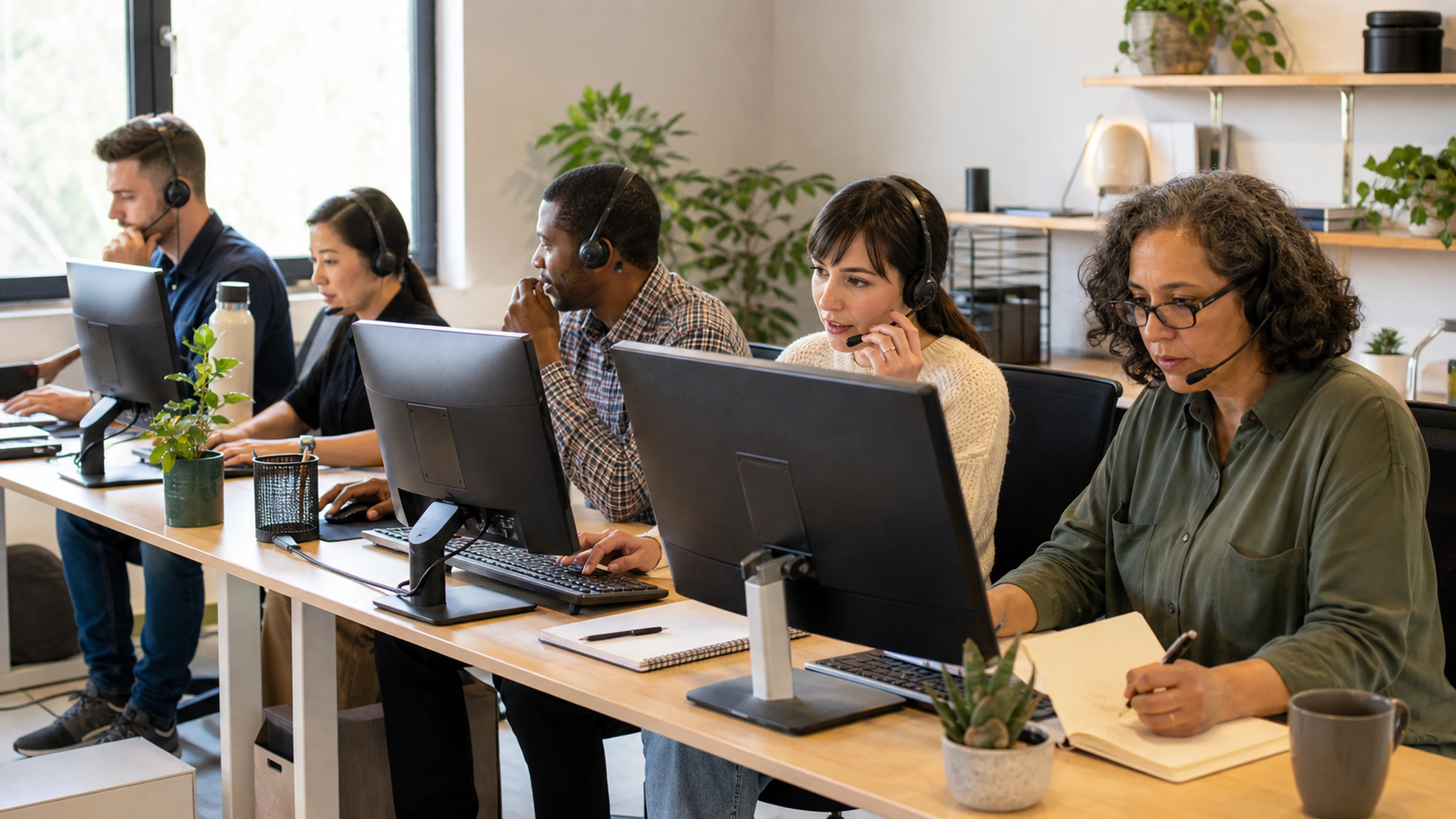 Five small-business team members seated at computers and handling customer calls with headsets